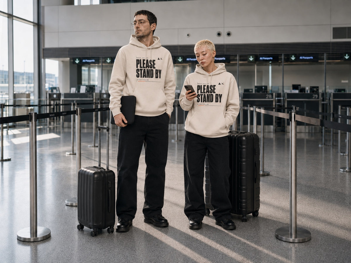 Hoodie - Please Stand By_ — hoodie beige porté par un duo dans un aéroport, vue 2, hero