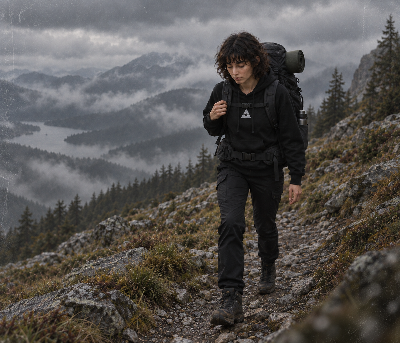 Julie marche seule sur un sentier de montagne dans la brume matinale, attentive à ses pas.