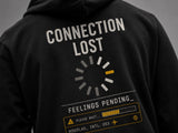 Hoodie - Connection Lost_ — détail du dos, texte CONNECTION LOST et étiquette PLEASE WAIT BOARDING MOODLAG INTL 003